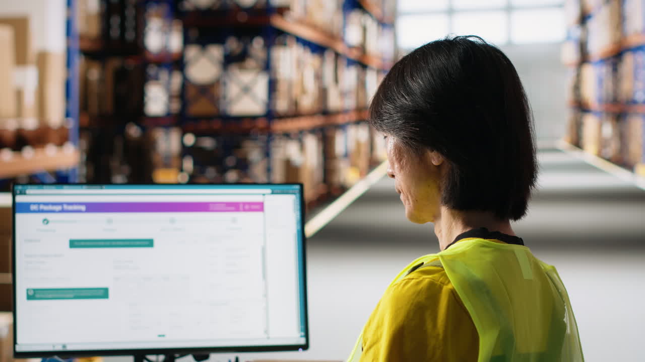 Asian depot worker processing orders and awb tracking numbers