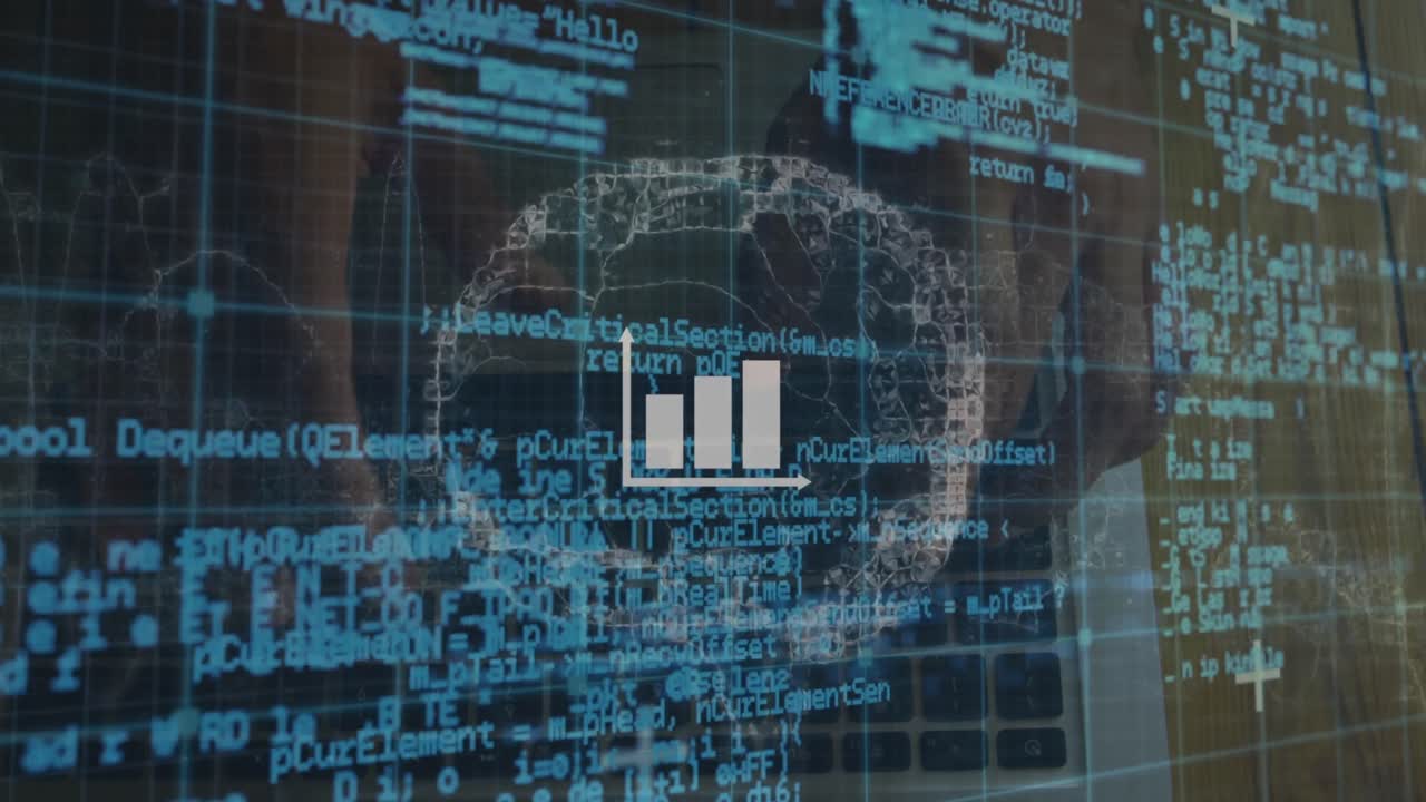 Animation of graph over computer language, human brain, cropped hands of caucasian man using laptop
