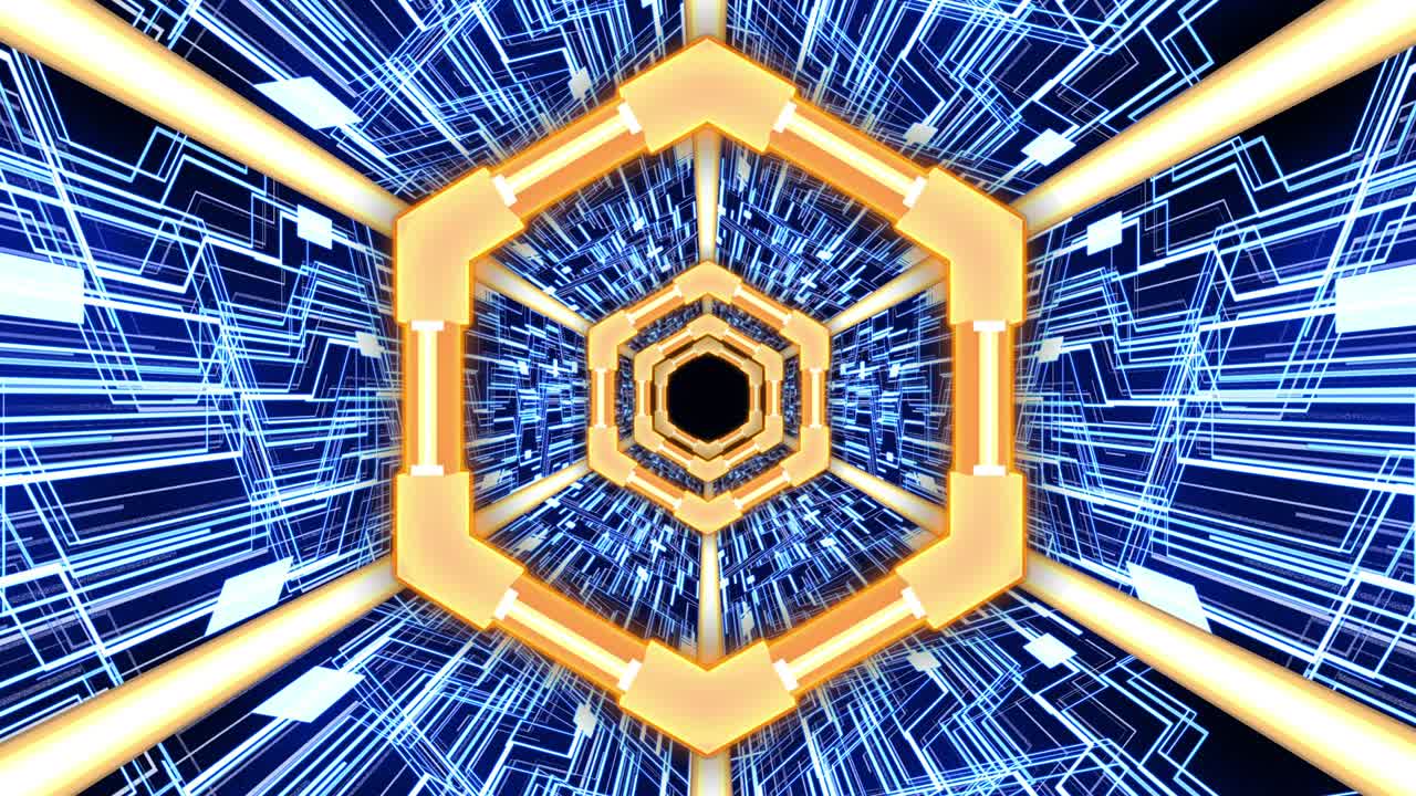 Abstract digital tunnel with hexagon borders and digital circuit in futuristic design (orange-blue)