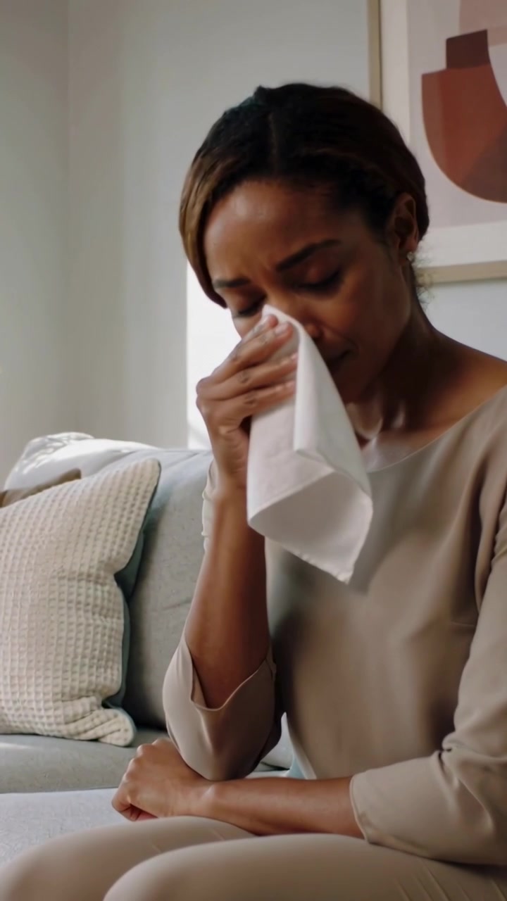 Video verticale: Donna in beige che preme un fazzoletto sul naso, asciugandosi e alleviando il mal di naso sul divano di casa.