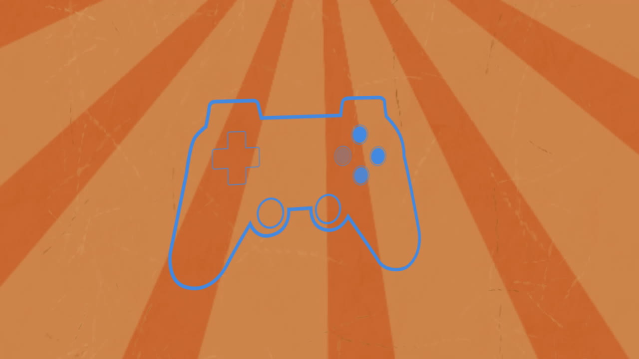 오렌지색 배경에 대한 버스트 위의 파란색 게임 콘솔의 애니메이션