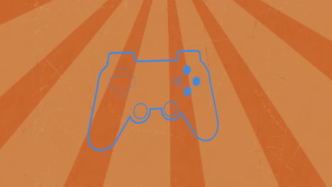 animation of blue gaming console over sunburst against orange background