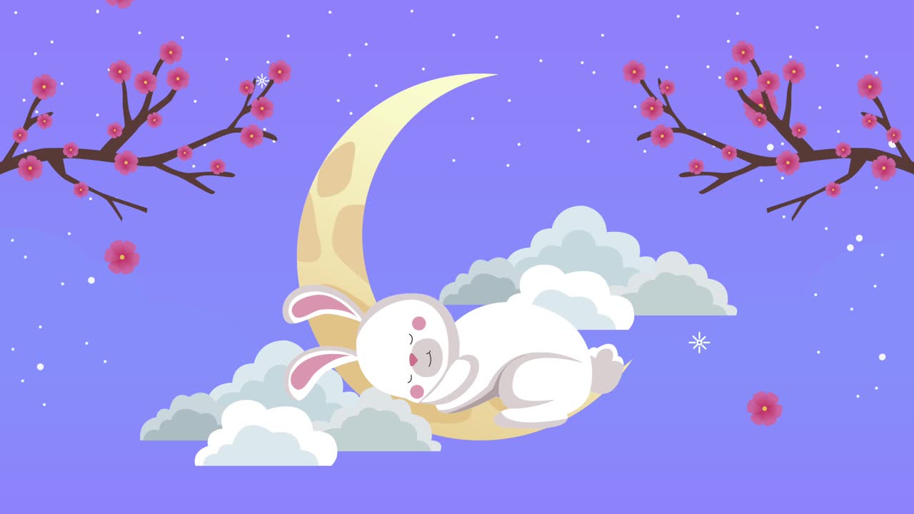 mid autumn animation with rabbit sleeping in crescent moon