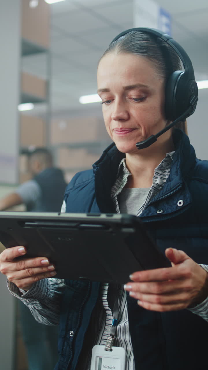 trabajador de almacén que utiliza tableta y auriculares