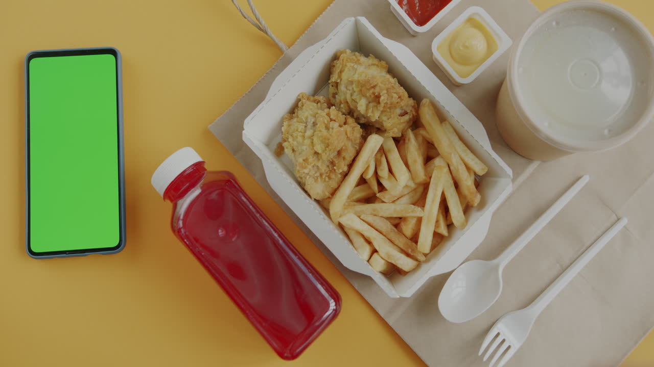 Fast food meal with phone and drink