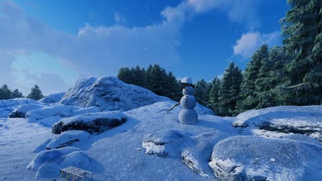 Winter,-natural-environment,-with-snowman-with-a-black-hat,-snow-falling,-clouds-passing-by,-sunset,-blue-sky,-pine-trees,-and-cliffs-3D-photorealistic-animation-camera-pan-left