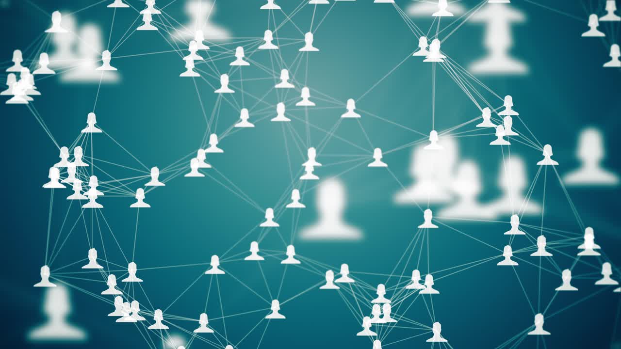 connected avatars of men and women, illustration of network for communication, business relations, social media, technology, global village, community connections