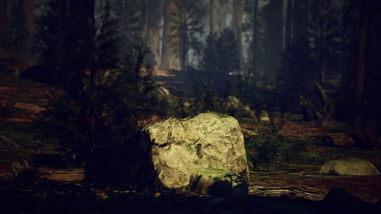 Natural rock formation illuminated by soft light in a serene forest