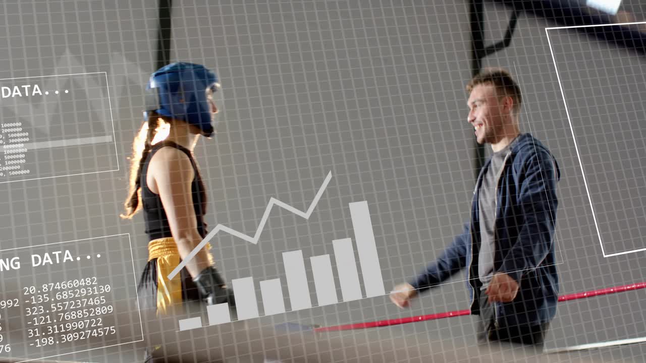 Woman in blue helmet cheering boxing win once coach lifting her arm animated graphs showing stats