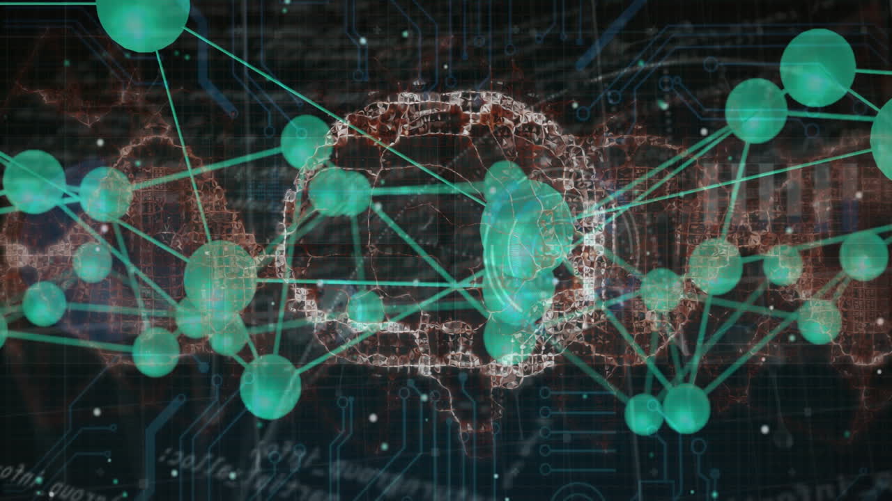 Animation of digital brain with network connections over circuit board background