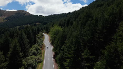 aerial view of a car driving on the left side of the road through wild forest landscape in new zealand