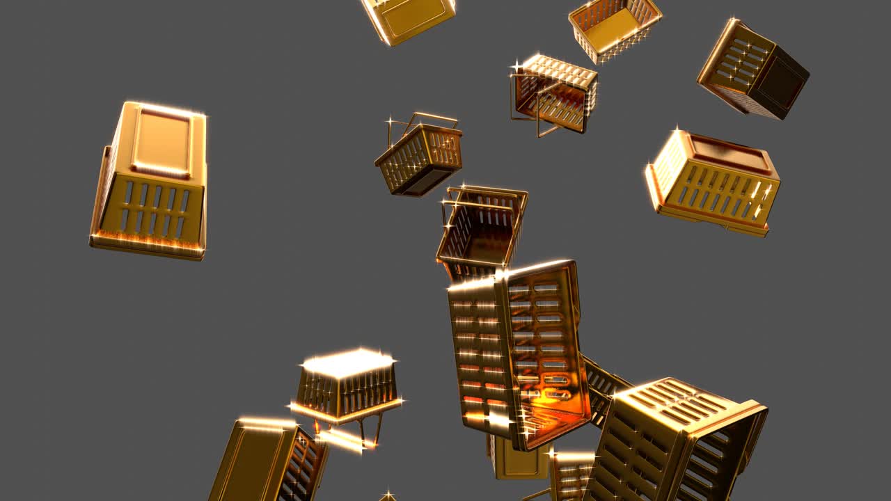 Shining gold shopping baskets on gray background.