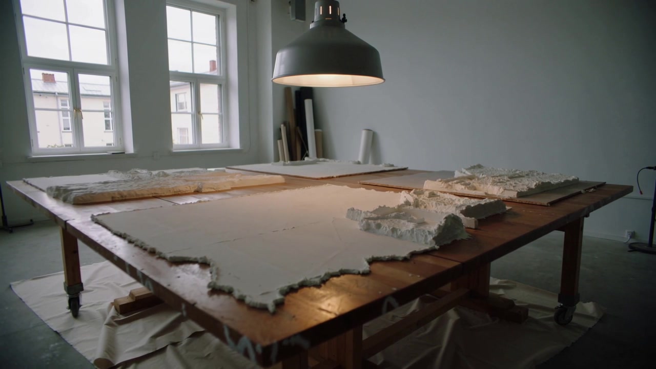 La luce del giorno che cambia proietta ombre su un tavolo da lavoro in uno studio d'arte, con una lampada che illumina fogli strappati per la creazione artistica.