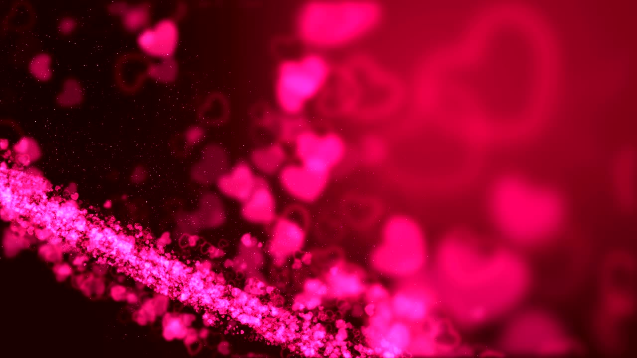 무결한 루프, 분홍색 배경, 반이는 심장 모양의 입자와 디지털 서명, 그리고 필드 깊이가 있는 영역.