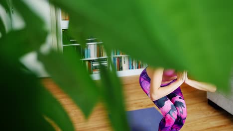 beautiful woman practicing yoga in living room