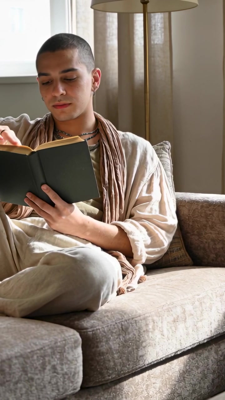 Video verticale: Uomo che legge con sciarpa di lino, sfogliando le pagine di un libro verde oliva vicino a una finestra illuminata dal sole.