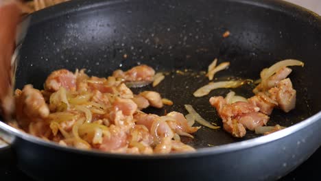 cooking chicken and onions in a pan