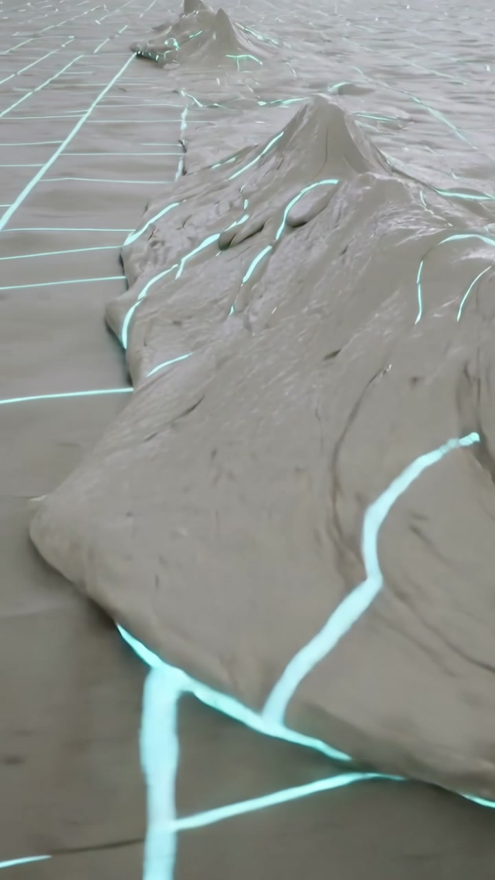 Vertical video: Flowing viscous gray ridge moving from right along matte plane, showing cyan seams