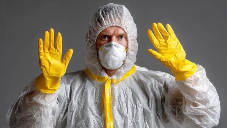 Una persona con indumenti protettivi che alza le mani, enfatizzando i protocolli di salute e sicurezza mentre indossa mascherina e guanti contro potenziali pericoli in un ambiente controllato