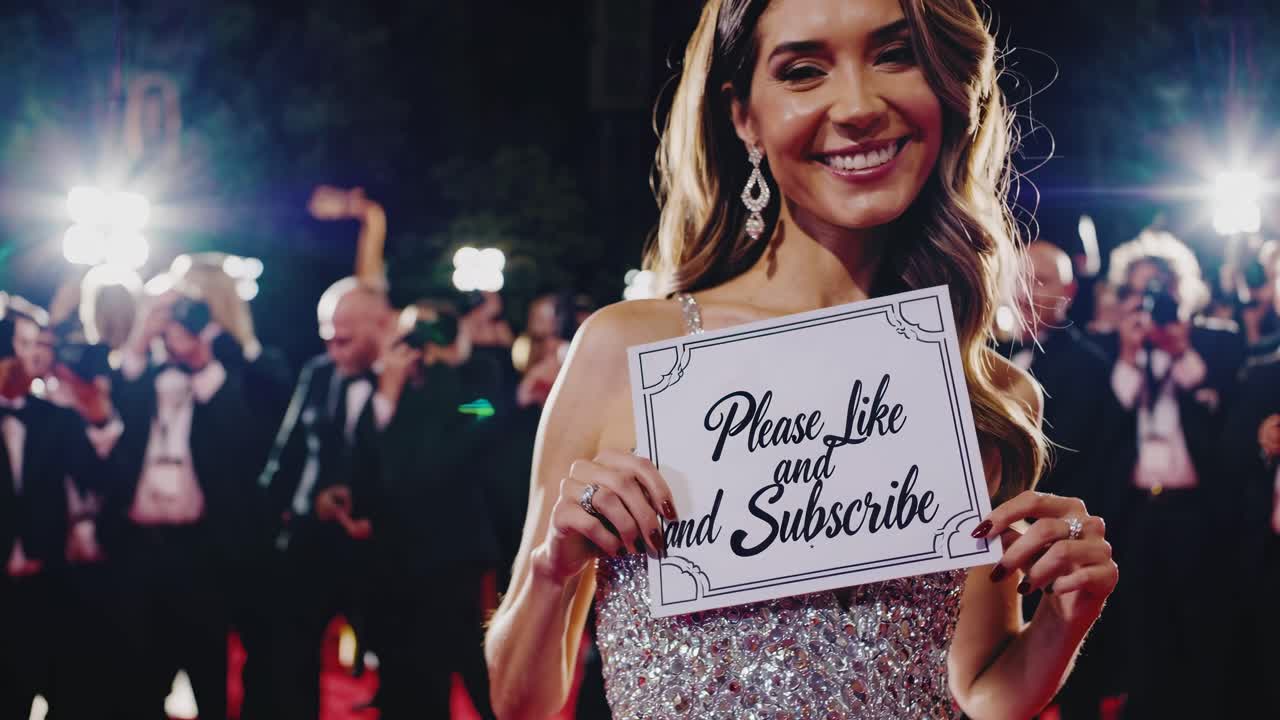 Glamorous red carpet scene with a focus on a woman holding a 'Please Like and Subscribe' sign