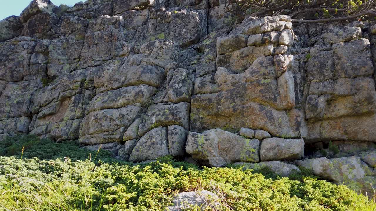 Close up view of a beautiful rock wall in the mountain. Detail view of rock formation. Green vegetation. Summer day in Pirin. Pan left.