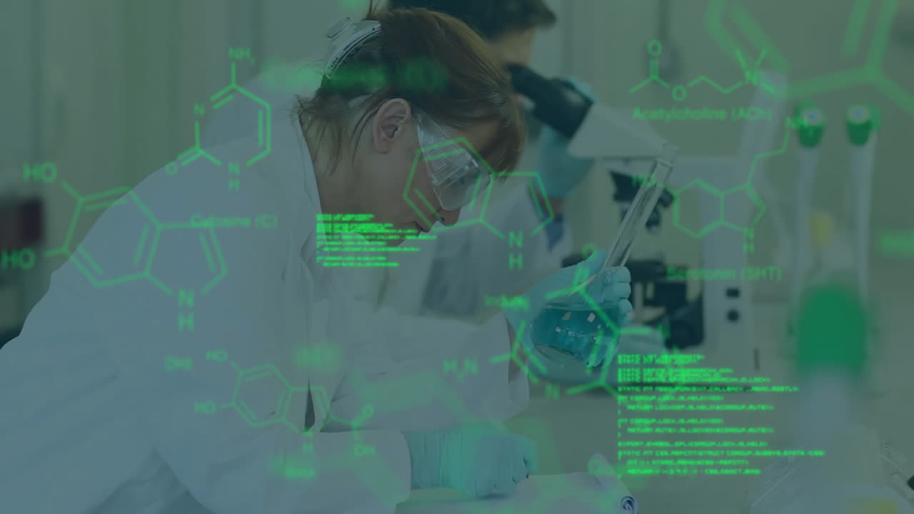 procesamiento de datos y fórmulas químicas animación sobre los científicos que trabajan en el laboratorio