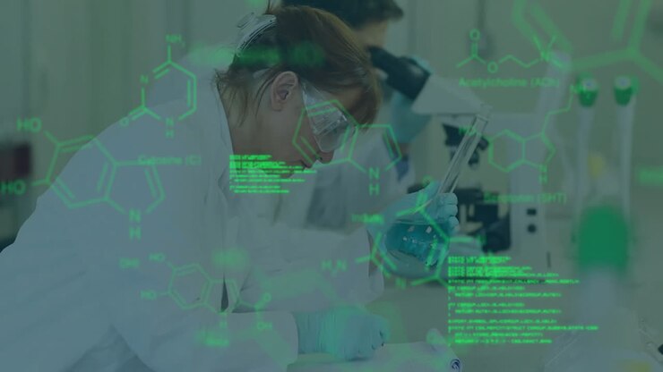 Processing data and chemical formulas animation over scientists working in laboratory