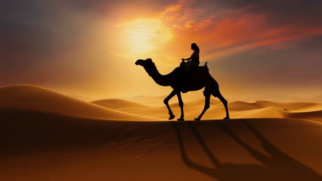 silhouette of a woman riding a camel in the desert at sunset