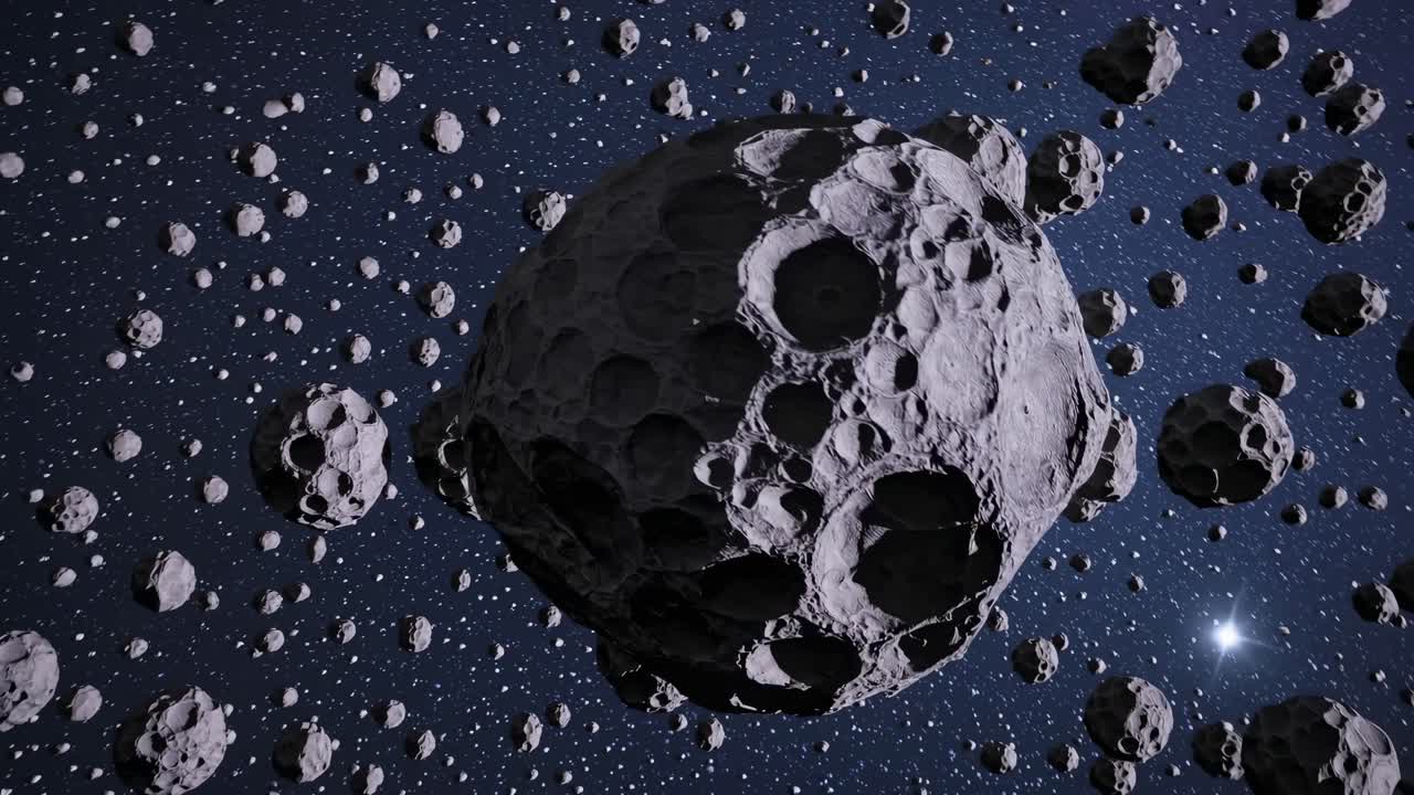 Aerial view of a dense asteroid field in space, showcasing a cosmic landscape