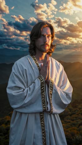 spiritual leader wearing tunic and praying with hands joined in the mountains at sunset, with cloudy sky and sun shining through the clouds
