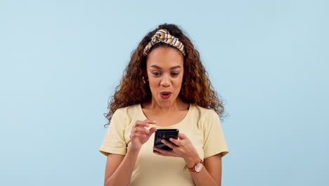 phone, wow and surprise of woman in studio