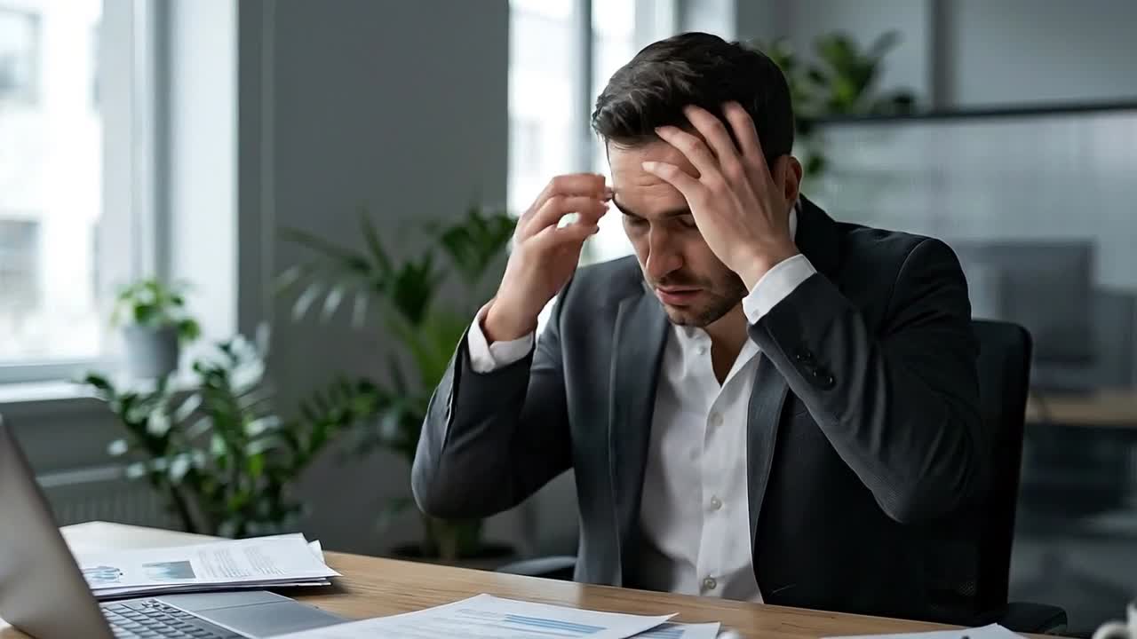 Stressed Businessman Suffering from Headache and Burnout in Office