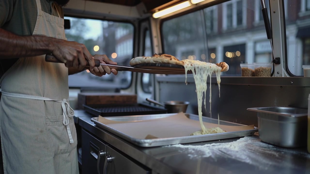 Il forno suona, un cuoco con grembiule solleva la pizza su un vassoio all'interno di un camion, facendola scivolare con una spatola per servirla
