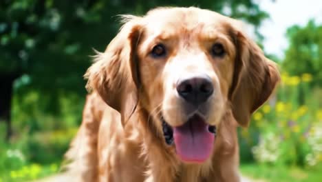 a joyful golden retriever on a sunny path, capturing the spirit of playfulness and companionship in nature's embrace