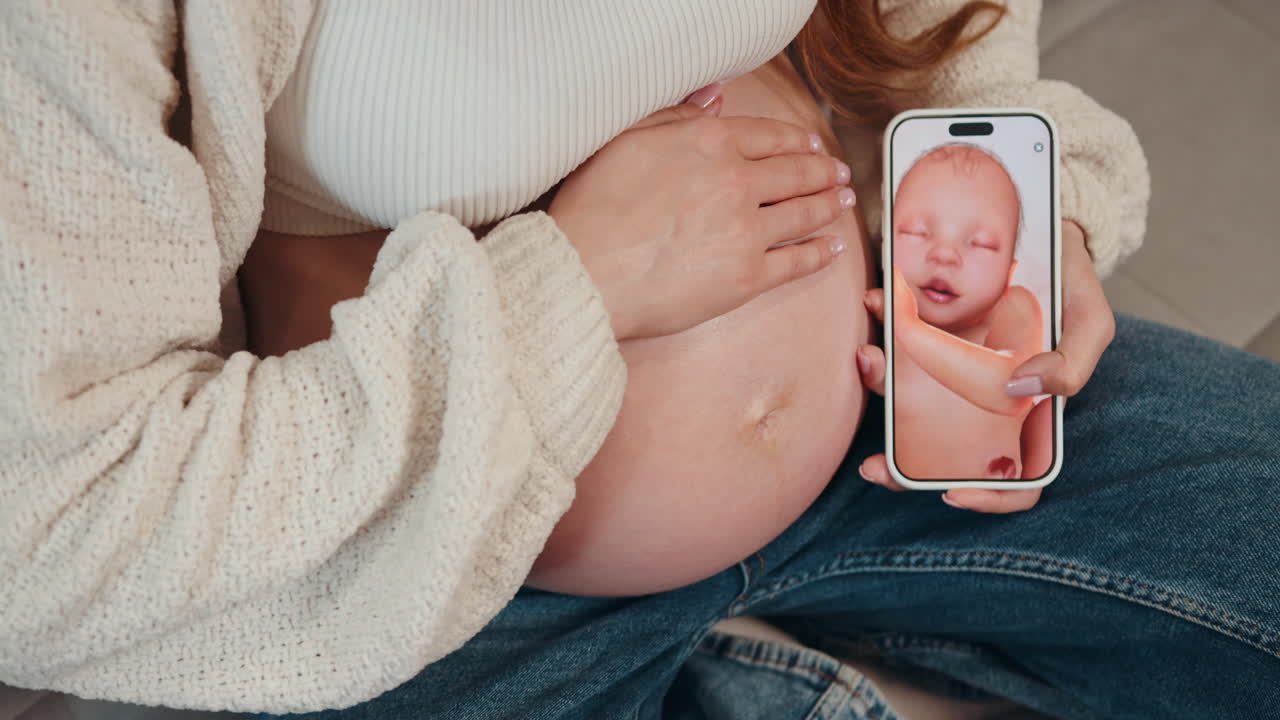 Donna incinta che tiene in mano la pancia e uno smartphone che mostra un'immagine ecografica del bambino in attesa