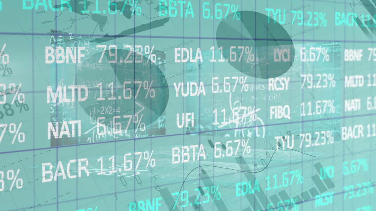 백그라운드의 그래프와 통계에 대한 주식 시장 데이터 처리의 디지털 복합 비디오