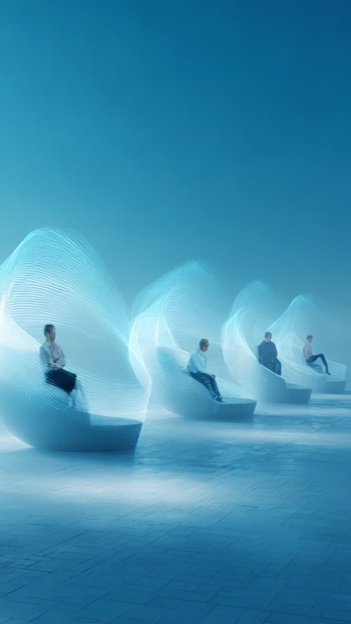 Captivating Scene of Individuals Seated on Stylish Sculptural Seats in a Minimalist Space with Soft Blue Lighting and Ethereal Light Waves Surrounding Them