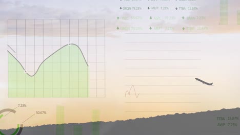 Animation-Der-Finanzdatenverarbeitung-über-Flugzeug-Und-Landschaft