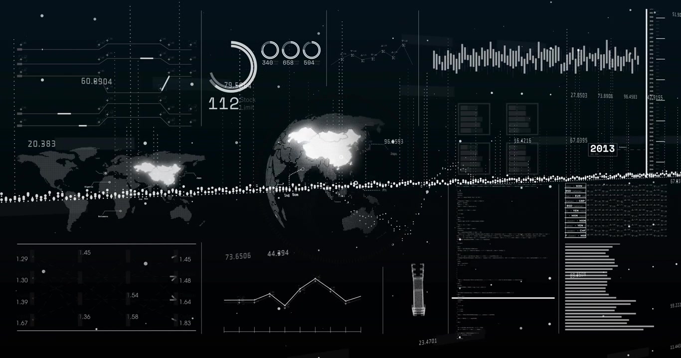 On playback dashboard showing rotating globe while pulsing stream cycling numbers to show timeline