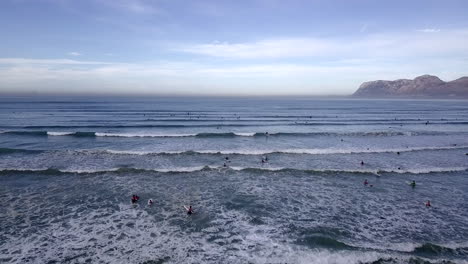 aerial drone footage of 3 surfers walking into the sea to surf in south africa