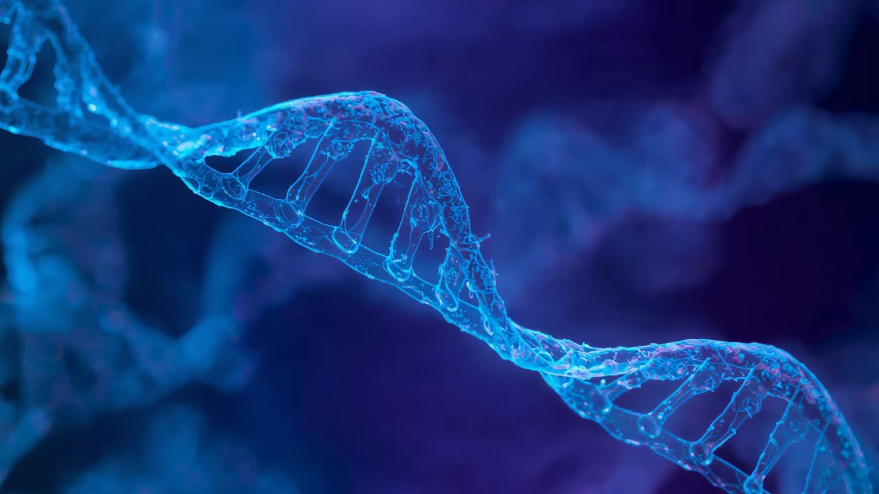 Elica di DNA blu rotante che si muove in un primo piano di una scena di laboratorio con spostamento della camera, che mostra i nodi