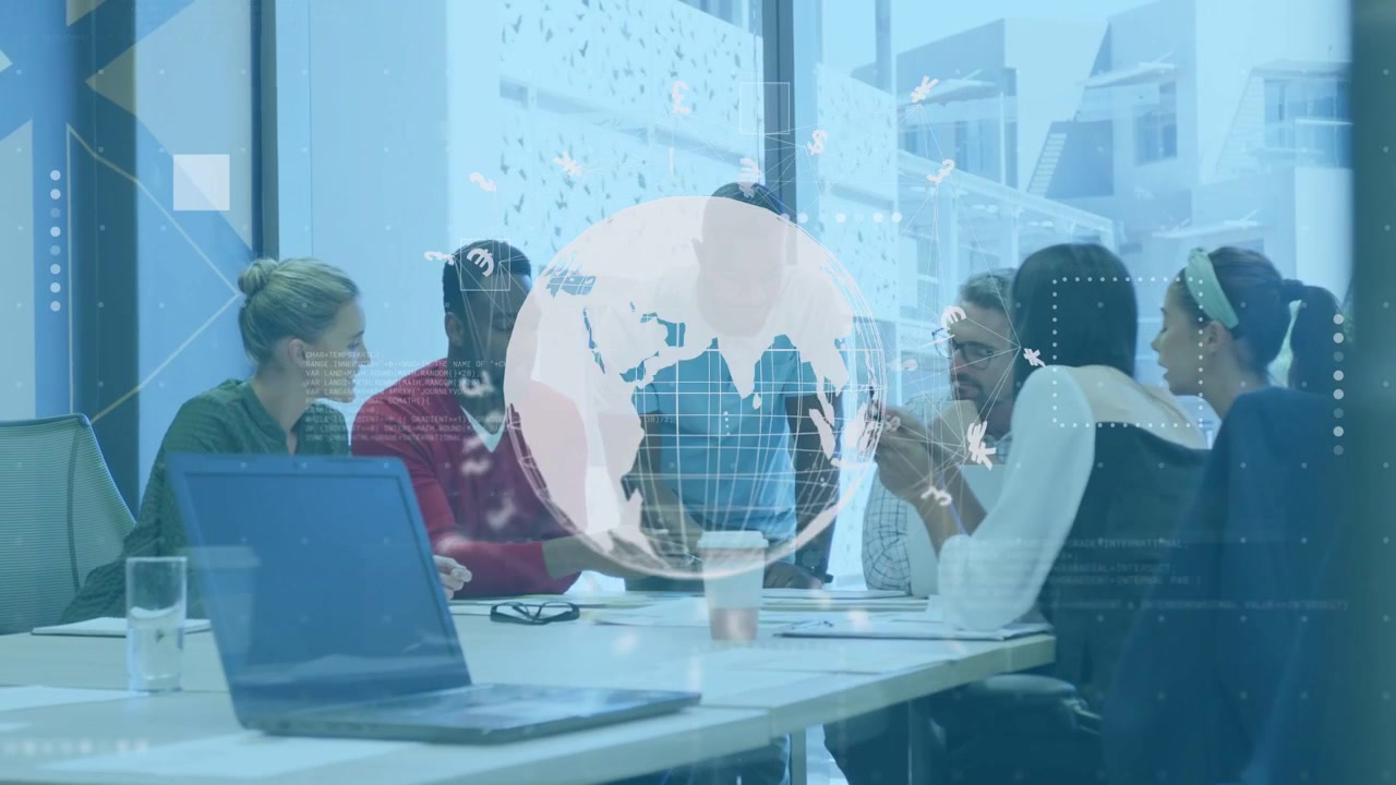 Team reviewing docs for business plan, lead speaking and causing passing beneath rotating globe HUD