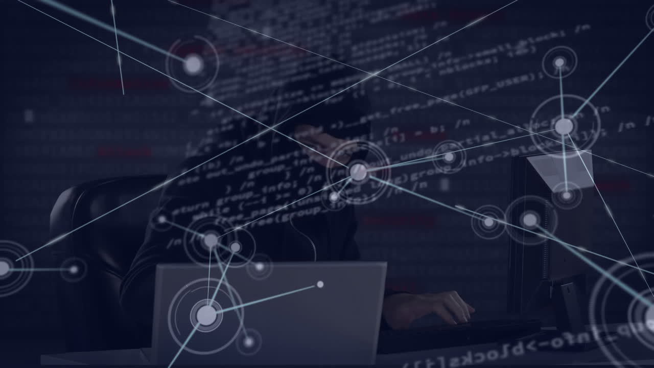 Animation of network of connections with data processing and hacker