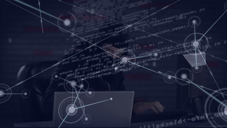 Animation of network of connections with data processing and hacker