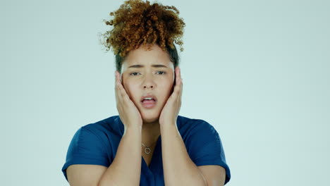 woman, shock face and isolated studio with a young