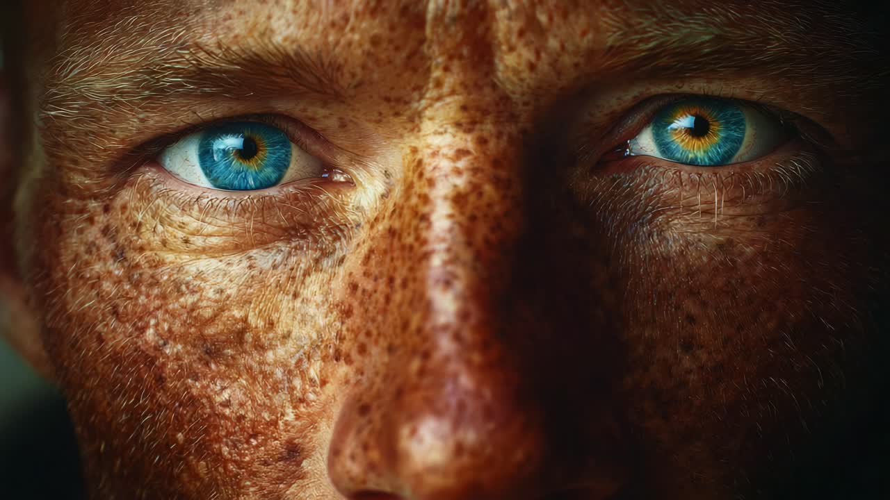 Dramatic Close-Up of an Individual's Face Showcasing Unique Freckles and Striking Blue Eyes, Capturing Intriguing Expressions and Stunning Details in High Contrast