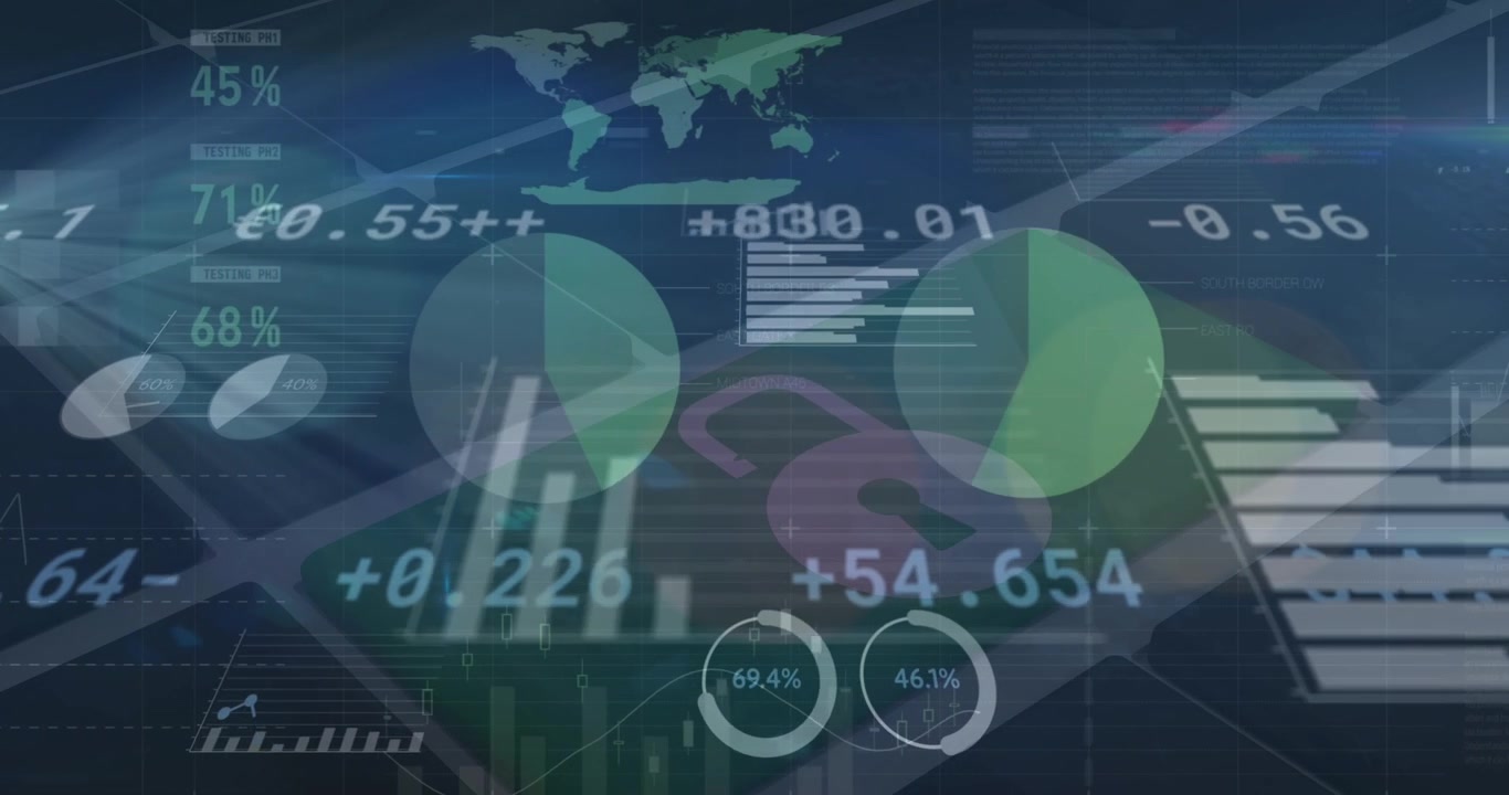 Animazione di dati finanziari e grafici su sfondo blu navy