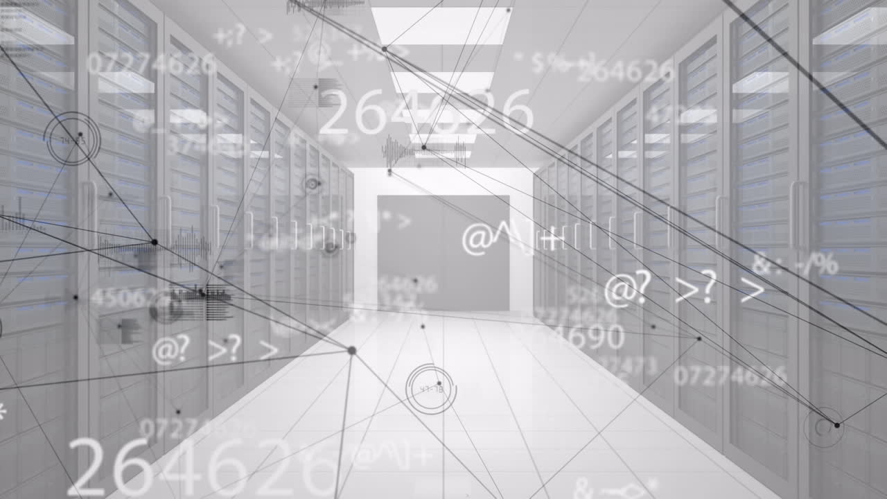 animación de números crecientes y líneas móviles sobre el corredor de la oficina