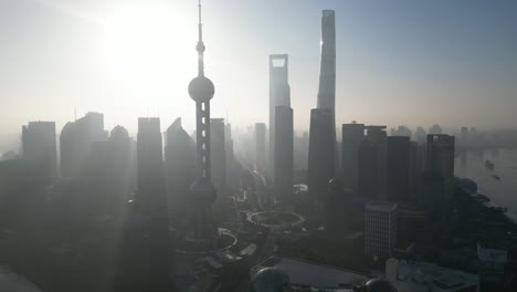 the bund skyline from an aerial perspective on a sunny winters morning, shanghai, china