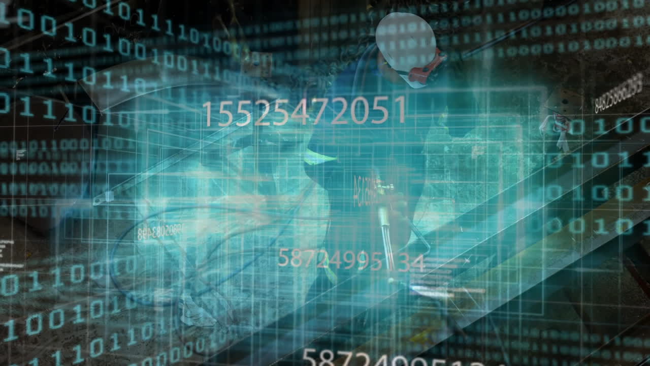 Site workers operating welding torch on steel beam, showing binary overlay for industry digitizing